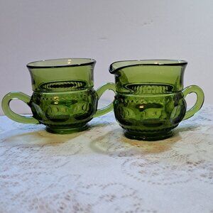 Vintage Indiana Glass Olive Green Kings Crown Thumbprint Sugar & Creamer Set